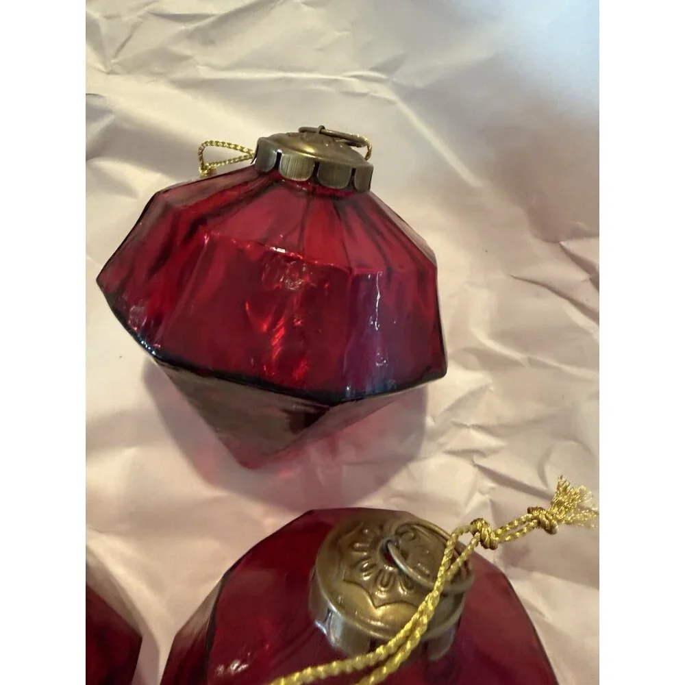 6 Restoration Hardware Handblown 3 Red Octagon Art Glass Kugel Style Ornaments